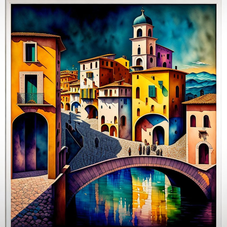 Vibrant village painting with bridge over water & starry sky