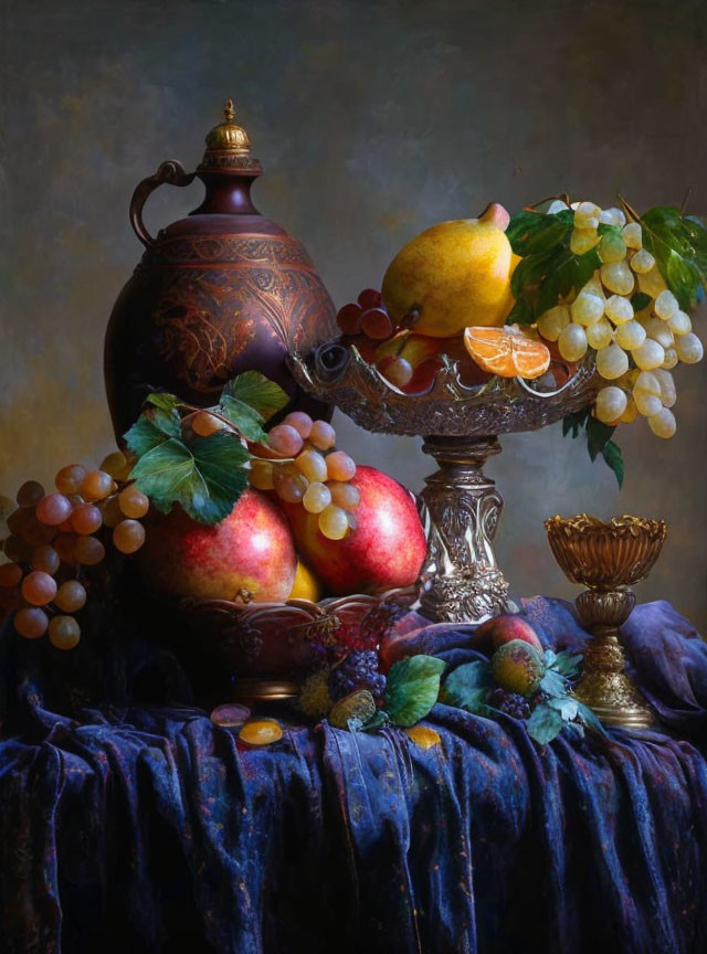 Classic Still Life Painting with Fruit, Urn, and Draped Fabric