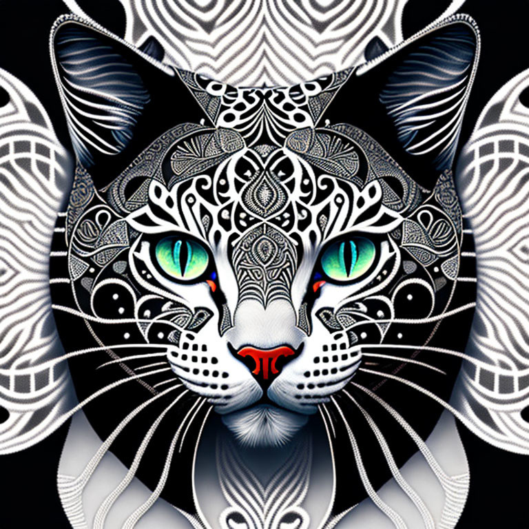 Black and White Mandala-Inspired Cat Artwork with Green and Blue Eyes