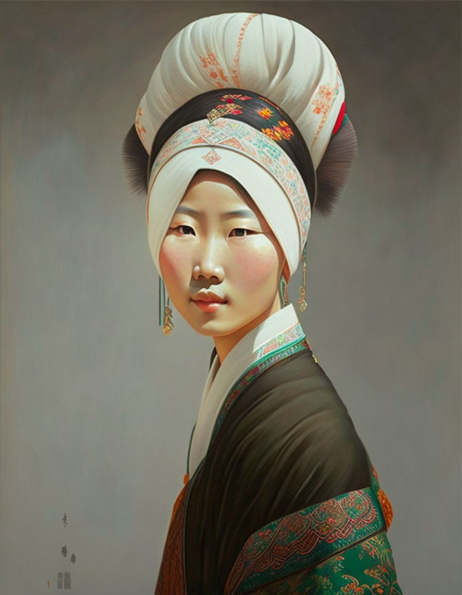 Traditional Asian Woman Portrait with Floral Headdress and Green Garment