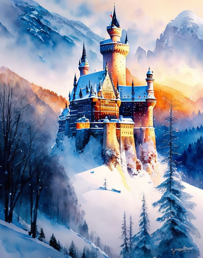 Snowy landscape with castle and sunset glow