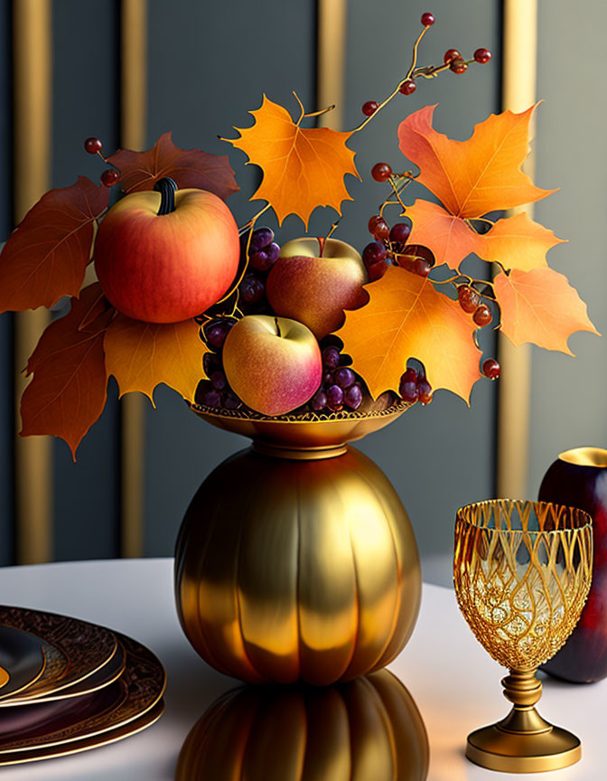 Golden vase with fruits, leaves, and glass on reflective surface