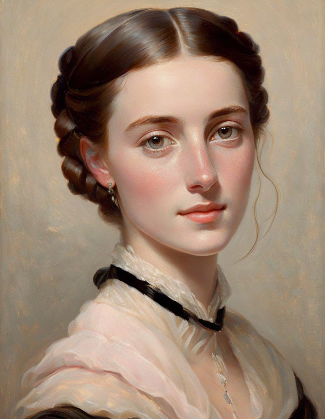 Young woman portrait with dark hair in bun, soft eyes, black choker, white blouse.