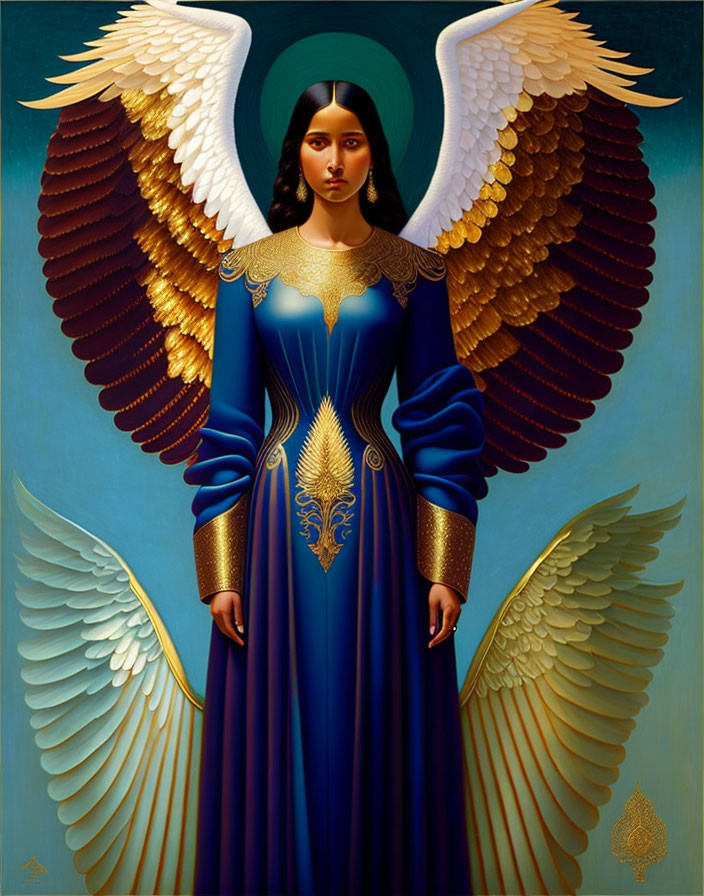 Dark-haired woman with four majestic wings in blue dress with gold accents.