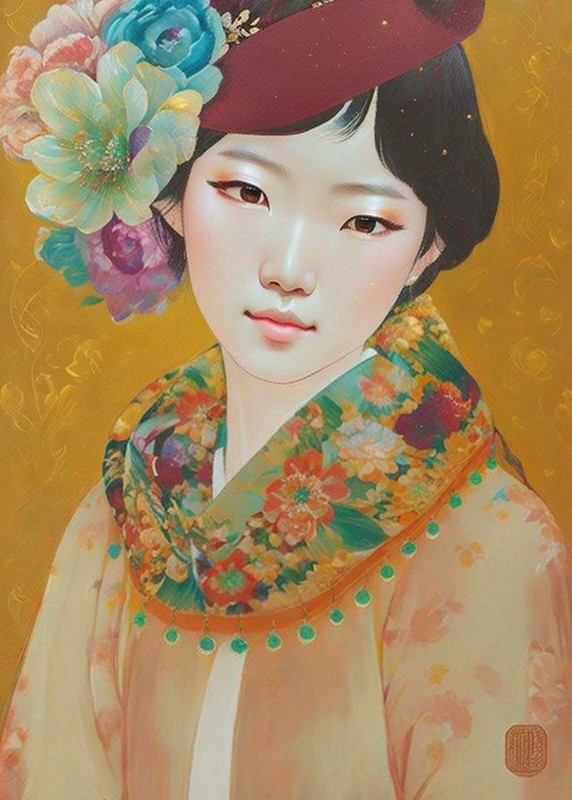 Young woman portrait with floral scarf and red hat on golden floral backdrop