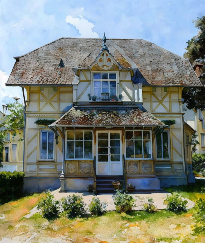 Yellow Two-Story House with Gable Roof and Front Porch