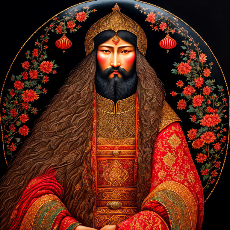 Regal figure in golden and red attire with flowers and lanterns.