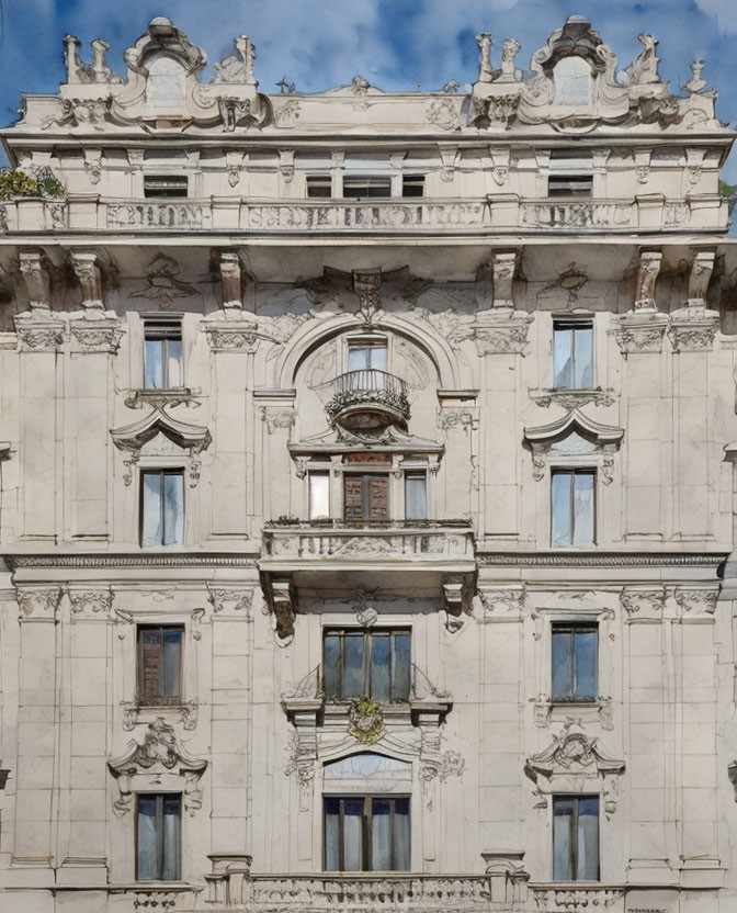 Baroque-style building facade with sculptural details, balconies, and windows