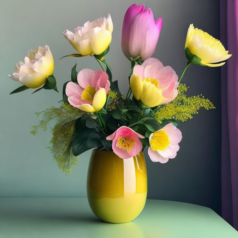 Yellow and Pink Tulips and Peonies in Yellow Vase on Two-Tone Background