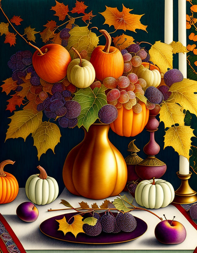 Golden vase with autumn leaves, pumpkins, candles, and berries on a table