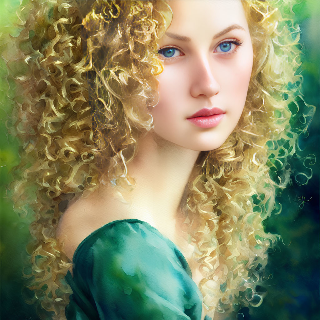 Blonde woman with curly hair and blue eyes in green top portrait