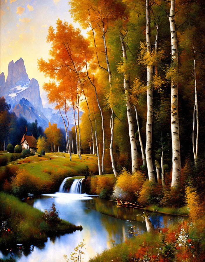 Tranquil autumn landscape with birch trees, waterfall, cottage, foliage & mountains