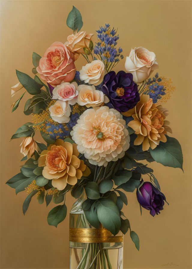 Vibrant bouquet painting with roses, peonies, and lavender in golden vase