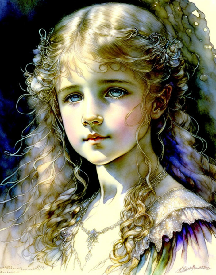 Young girl with wavy hair and tiara in dark tones.