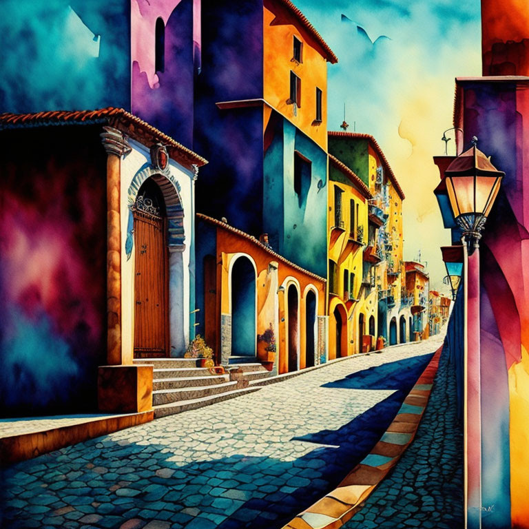 Colorful painting of picturesque street with cobblestone paths and lamp post