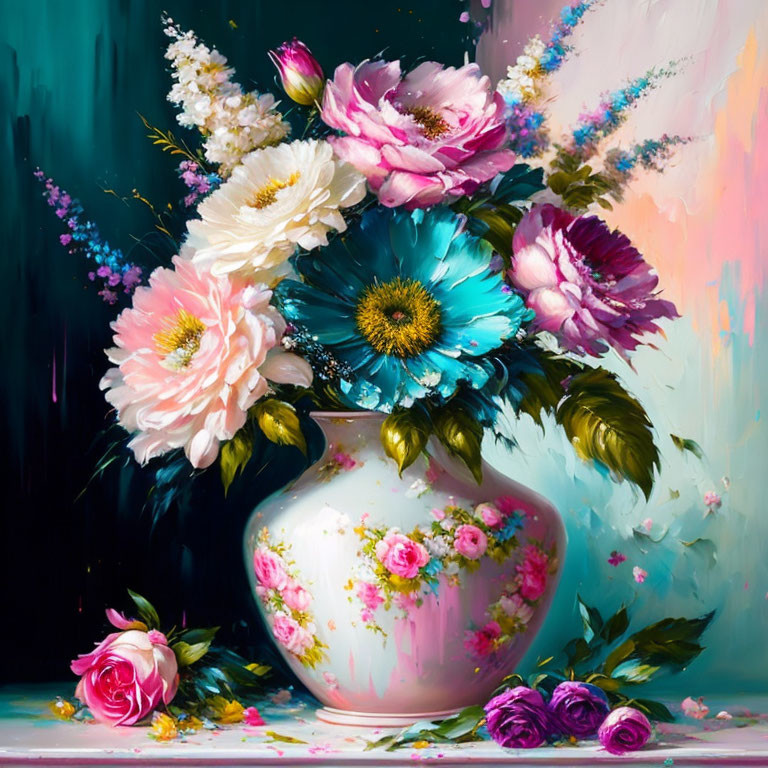 Colorful Floral Arrangement in Decorated Vase on Pastel Background