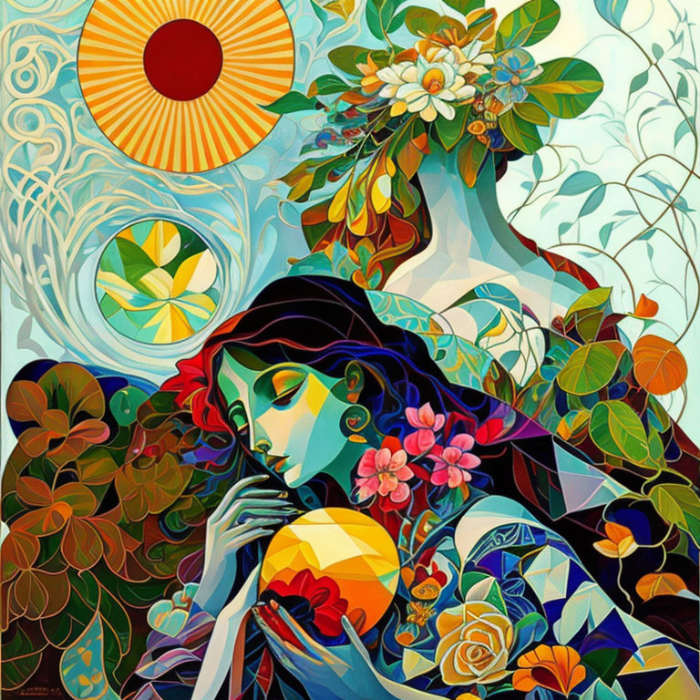 Colorful Artwork Featuring Pensive Woman and Nature Elements