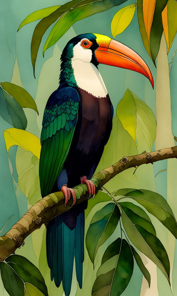 Vibrant toucan illustration on branch with colorful foliage