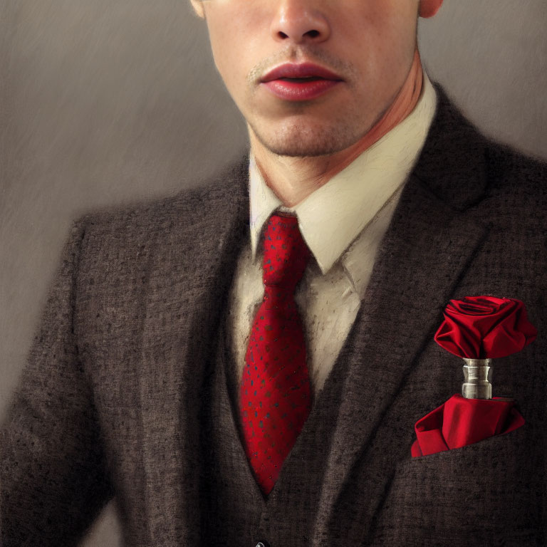 Man in brown suit with red tie behind perfume bottle with rose-shaped cap.