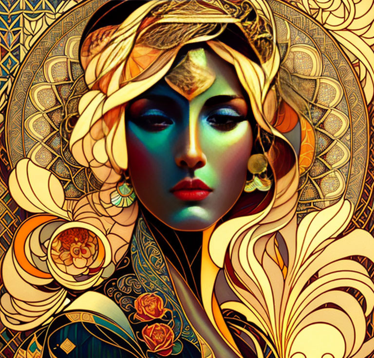 Stylized artwork of woman with golden headwear and intricate patterns