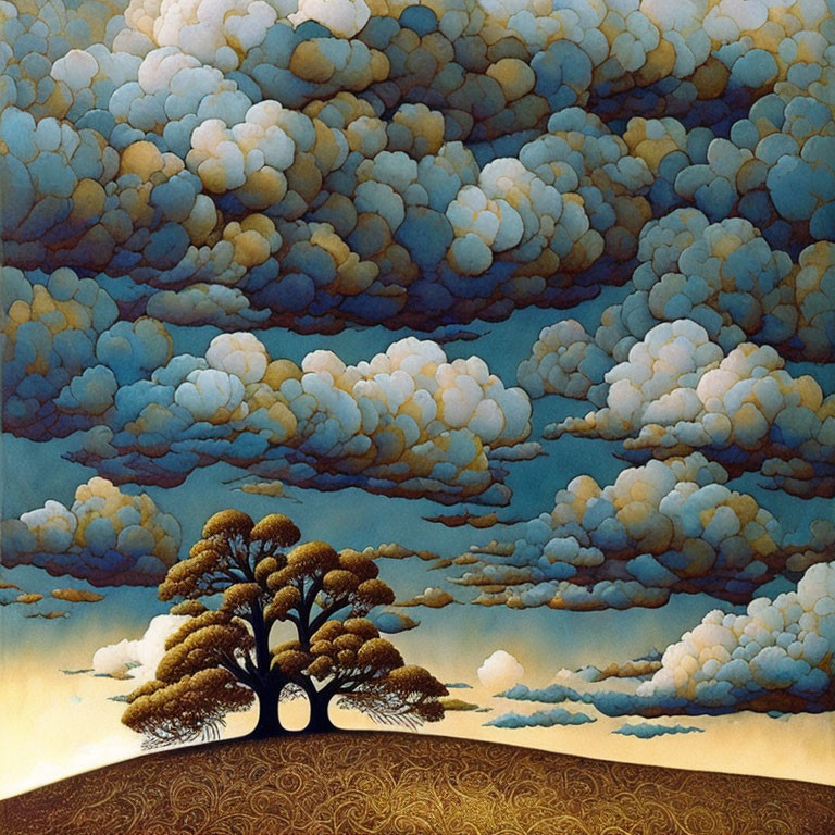 Surreal landscape with lone tree, golden swirls, and puffy blue clouds