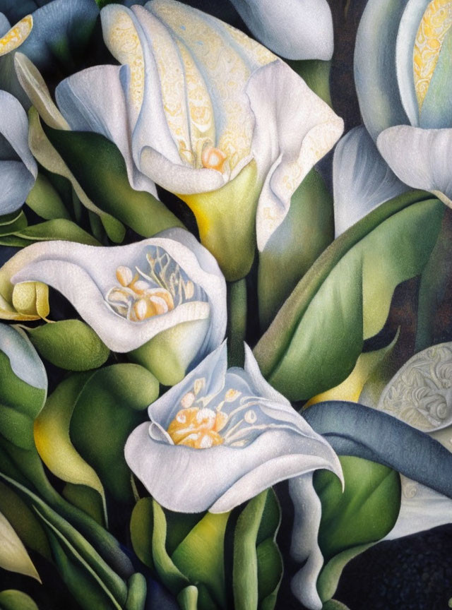 Close-up White Calla Lilies Painting with Yellow Stamens and Green Foliage