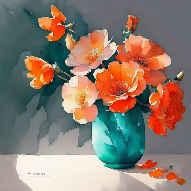 Orange poppies in teal vase watercolor painting with soft shadows