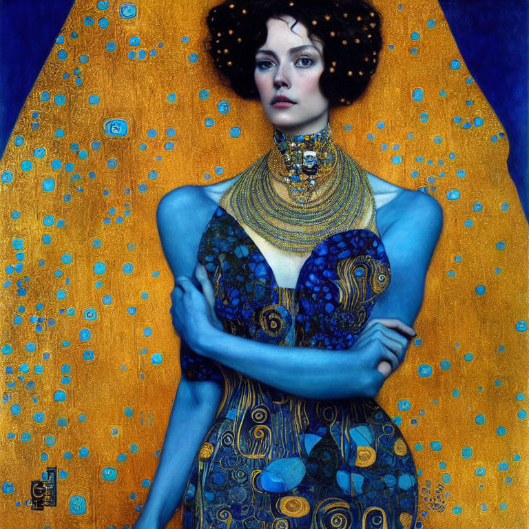 Stylized portrait of a woman with golden halo and blue-gold attire