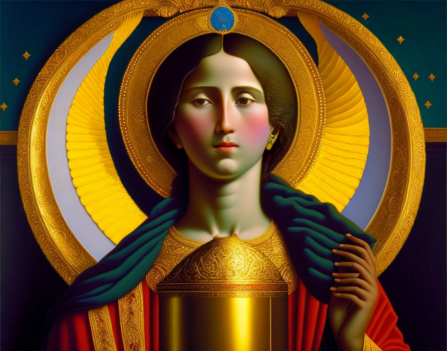 Stylized portrait of a person with halo in red and gold robes on blue background with stars