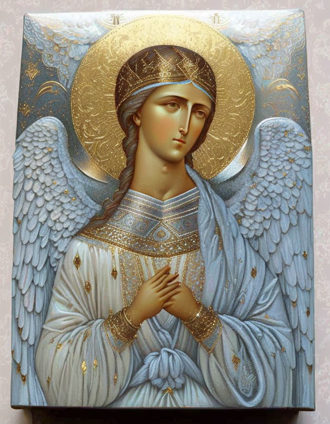 Serene angel icon with ornate halo, blue wings, and golden garments