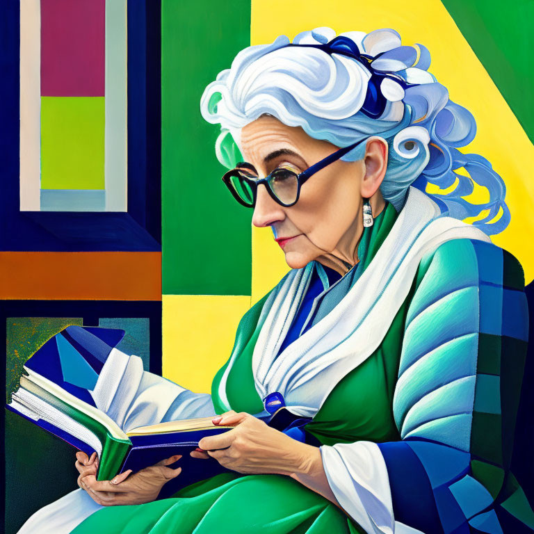 Elderly woman with white blue-streaked hair reading book against geometric background