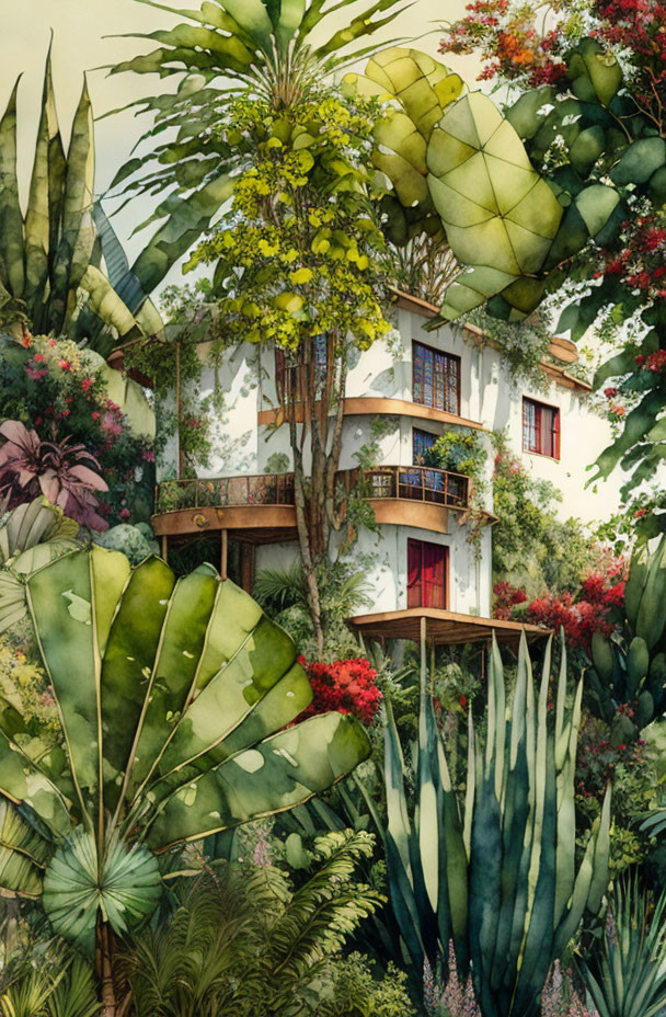 Detailed Watercolor Illustration of White House in Tropical Garden