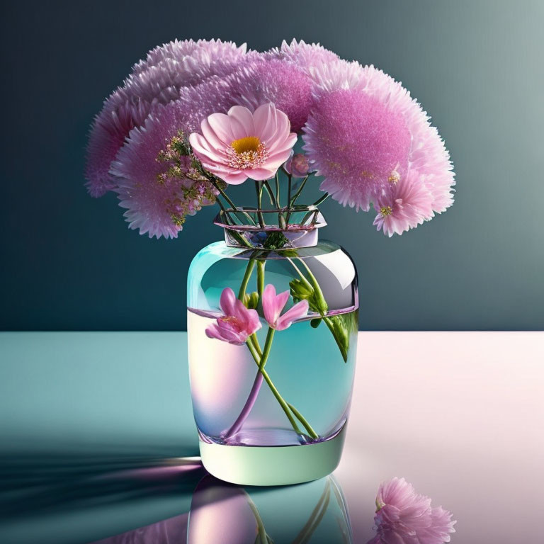 Glass vase with pink flowers on gradient background and reflection on glossy surface