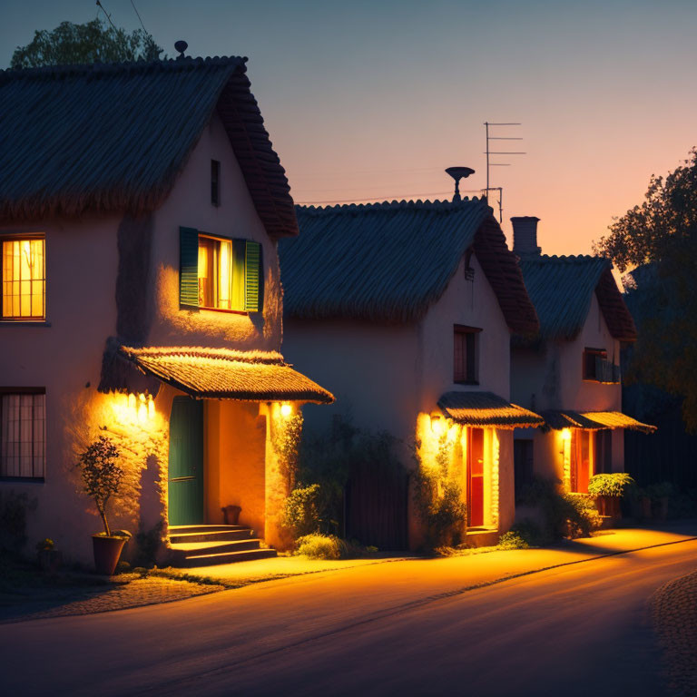 Thatched Roof Cottages Illuminated by Warm Dusk Lights