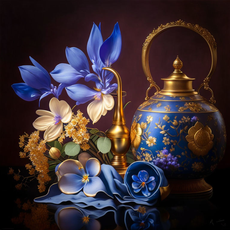 Blue flowers, gold teapot, ornate vase on dark background