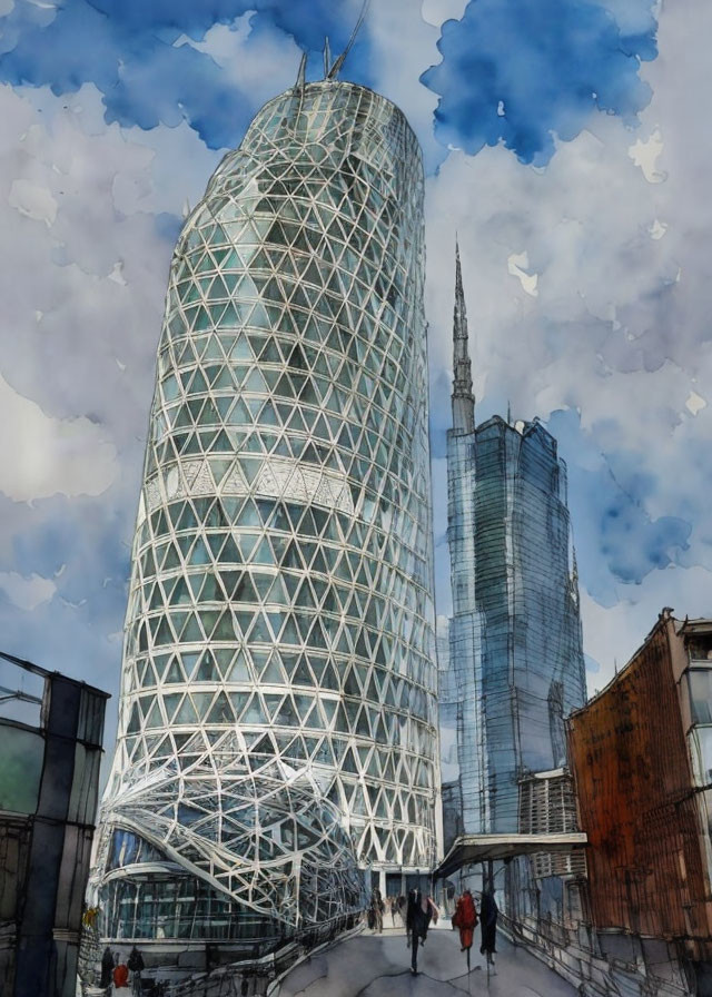 Futuristic skyscraper with tubular structure and diagrid pattern in digital watercolor