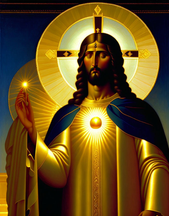 Religious icon of figure with halo, long hair, blue and gold robes