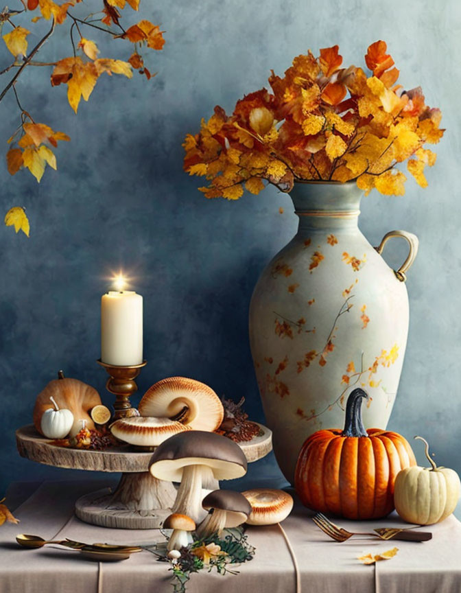 Autumn-themed still life with vase, pumpkins, mushrooms, and candle