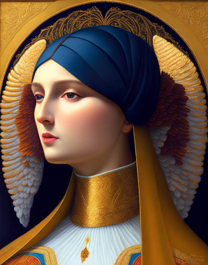 Digital artwork: Woman in blue head wrap, golden attire, detailed halo