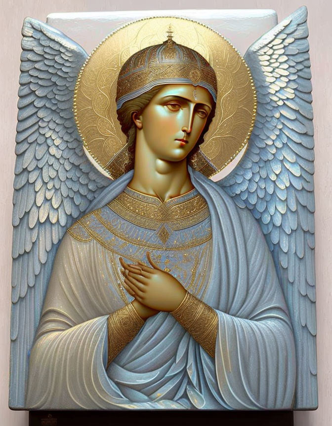 Angel painting with blue wings, golden halo, and intricate robes on pale background