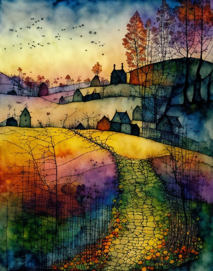 Colorful Watercolor Landscape: Rolling Hills, Foliage, Houses, Path, Birds