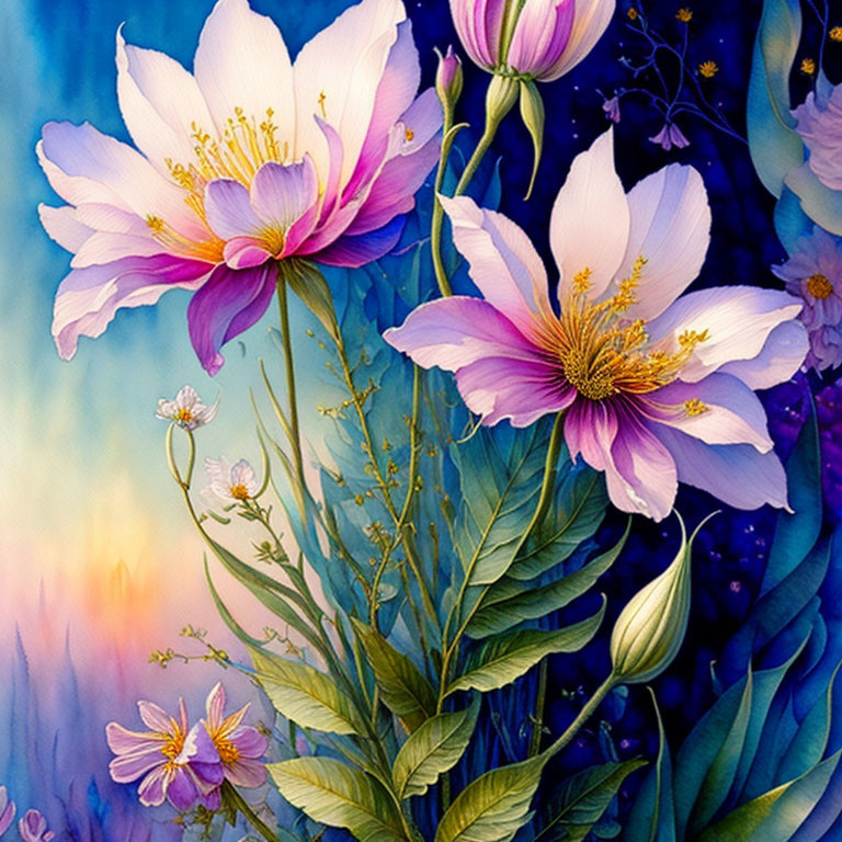 Colorful Floral Painting with Pink and White Flowers on Blue and Purple Background