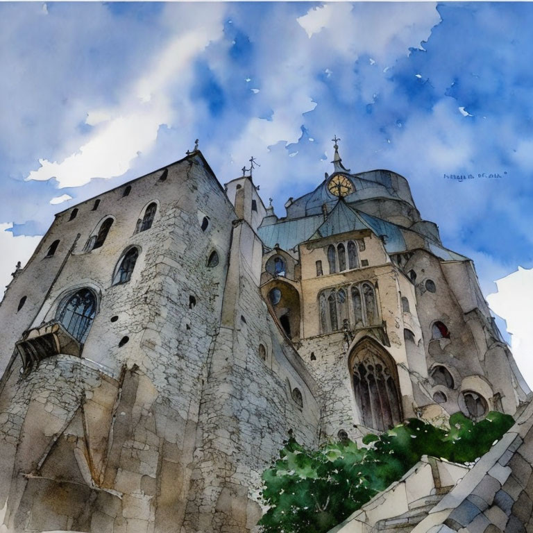 Watercolor painting: Historic stone castle with clock tower in blue sky