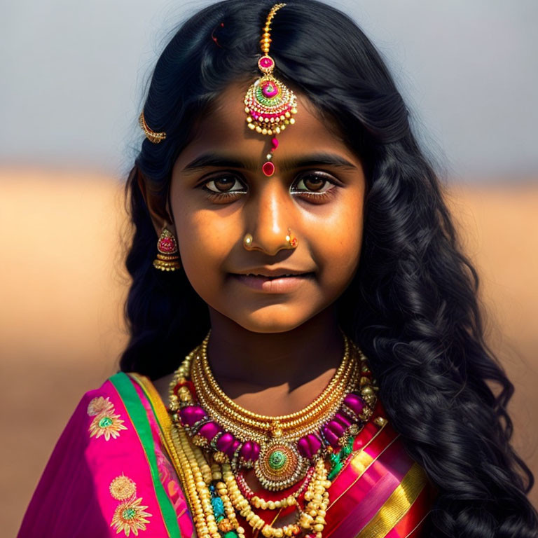 Traditional Indian jewelry adorns young girl in bright floral saree