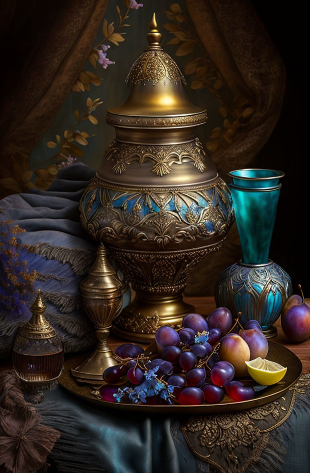 Gold and blue still life with metallic vessels, fruits, and drapery