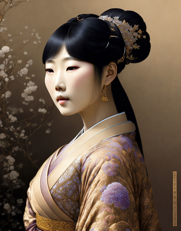 Traditional Japanese Attire Portrait with Intricate Hairstyle & Floral Backdrop