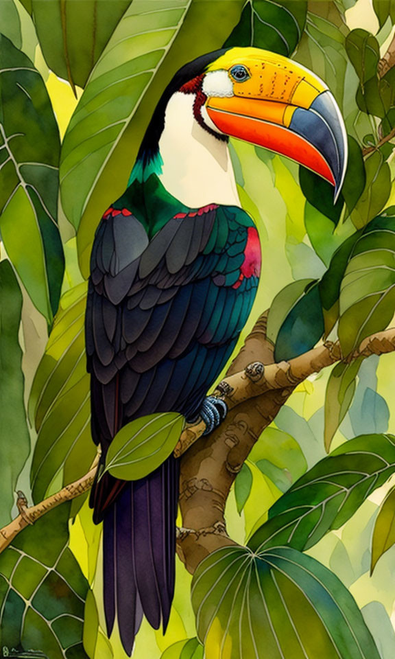 Vibrant toucan illustration on branch with colorful plumage