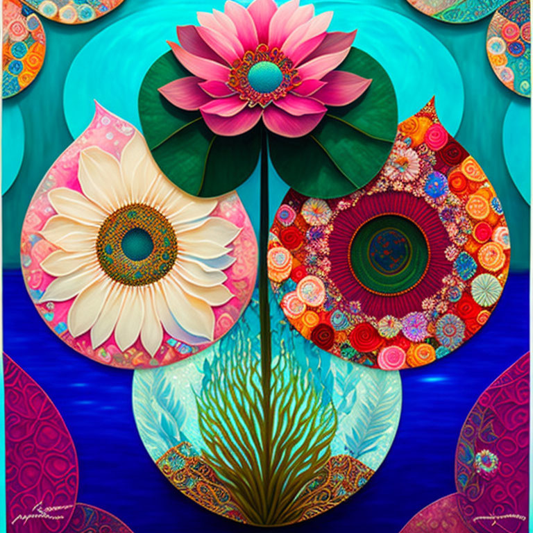 Colorful digital artwork with lotus motif and floral patterns