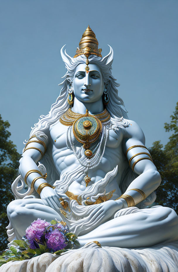 Blue-skinned Lord Shiva statue with gold jewelry, sitting calmly under clear sky