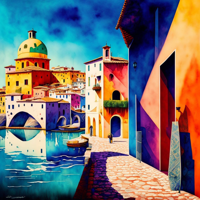 Colorful Mediterranean Coastal Village Painting with River, Bridges, and Boat